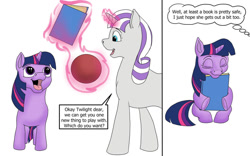 Size: 1280x800 | Tagged: safe, artist:termyotter, twilight sparkle, twilight velvet, pony, unicorn, atg 2022, ball, book, comic, cute, dialogue, eyes closed, female, filly, filly twilight sparkle, glowing, glowing horn, happy, horn, levitation, magic, mother and child, mother and daughter, newbie artist training grounds, open mouth, open smile, simple background, smiling, telekinesis, that pony sure does love books, twiabetes, underhoof, unicorn twilight, white background, younger