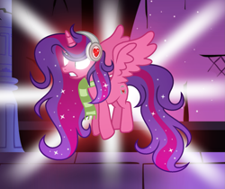 Size: 1475x1237 | Tagged: safe, artist:darbypop1, oc, oc:alyssa rice, alicorn, pony, alicorn oc, clothes, female, glowing, glowing eyes, headphones, horn, mare, scarf, solo, wings