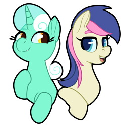 Size: 1270x1289 | Tagged: safe, artist:storyteller, bon bon, lyra heartstrings, sweetie drops, earth pony, pony, unicorn, g4, alternate hairstyle, cute, duo, mane swap, png, simple background, transparent background