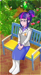 Size: 1075x1972 | Tagged: safe, artist:orinchi303, sci-twi, twilight sparkle, human, equestria girls, g4, boots, clothes, cutie mark on clothes, dress, female, glasses, hair bun, human coloration, multiple variants, outdoors, shoes, sitting, smiling, solo, the sims