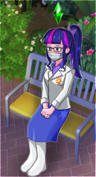 Size: 1075x1972 | Tagged: safe, alternate version, artist:orinchi303, sci-twi, twilight sparkle, human, equestria girls, g4, boots, clothes, cutie mark on clothes, dress, face mask, female, glasses, human coloration, mask, multiple variants, outdoors, plumbob, shoes, sitting, smiling, solo, the sims