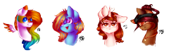 Size: 1945x607 | Tagged: safe, artist:prettyshinegp, oc, oc only, earth pony, pegasus, pony, :d, bust, earth pony oc, eye clipping through hair, female, floating wings, frown, mare, multicolored hair, open mouth, open smile, pegasus oc, rainbow hair, signature, simple background, smiling, transparent background, wings