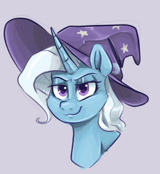 Size: 946x1029 | Tagged: safe, artist:smirk, trixie, pony, unicorn, g4, bust, clothes, female, hat, lidded eyes, mare, simple background, smiling, solo, trixie's hat