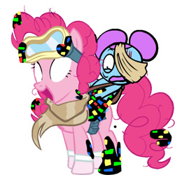 Size: 590x590 | Tagged: safe, artist:jakeneutron, edit, pinkie pie, earth pony, pony, g4, bad end, bag, bandage, clothes, corrupted, crossover, dusk till dawn, error, female, glitch, goggles, hair bun, mare, pibby, saddle bag, scarf, shocked, simple background, smiling, socks, white background