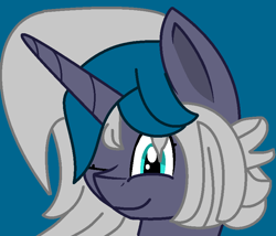 Size: 802x688 | Tagged: safe, artist:bloody-liu, artist:jadeharmony, oc, oc only, oc:elizabat stormfeather, alicorn, bat pony, bat pony alicorn, pony, alicorn oc, alternate hairstyle, base used, bat pony oc, bat wings, blue background, female, horn, mare, one eye closed, simple background, solo, wings, wink