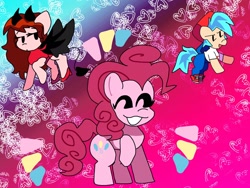 Size: 2048x1536 | Tagged: safe, artist:dzzarz, pinkie pie, demon, demon pony, earth pony, pony, g4, bf and gf (friday night funkin), cap, clothes, crossover, demon horns, demon wings, devil tail, dress, emanata, eyes closed, female, friday night funkin', funkin' is magic, hat, high heels, horns, male, mare, pants, raised hoof, shirt, shoes, smiling, stallion, tail, wings