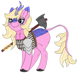 Size: 1234x1162 | Tagged: safe, artist:gray star, oc, oc only, oc:perri, kirin, armor, blonde, blue eyes, chest fluff, dungeons and dragons, fantasy class, female, hammer, knight, mare, muscles, paladin, pen and paper rpg, rpg, scales, simple background, smiling, solo, transparent background, warrior