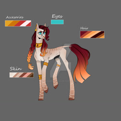 Size: 1280x1280 | Tagged: safe, artist:ocmakerarichan, oc, oc only, hybrid, pony, unicorn, zony, braid, color palette, deviantart watermark, ear piercing, earring, female, gray background, jewelry, magical lesbian spawn, mare, necklace, obtrusive watermark, offspring, parent:sunset shimmer, parent:zecora, parents:suncora, piercing, simple background, watermark