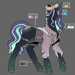 Size: 1040x1040 | Tagged: safe, artist:ocmakerarichan, oc, oc only, changepony, hybrid, clothes, color palette, crown, gray background, interspecies offspring, jewelry, magical lesbian spawn, male, offspring, parent:queen chrysalis, parent:rarity, parents:rarilis, regalia, shirt, simple background, stallion