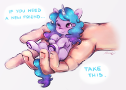 Size: 2422x1738 | Tagged: safe, artist:buttersprinkle, izzy moonbow, human, pony, unicorn, g5, my little pony: a new generation, buttersprinkle is trying to murder us, cute, dialogue, eyebrows, female, female focus, hand, hi new friend, high res, in goliath's palm, it's dangerous to go alone, izzybetes, mare, offscreen character, offscreen human, signature, simple background, size difference, smiling, solo focus, sweet dreams fuel, take this, text, tiny, tiny ponies, weapons-grade cute, white background