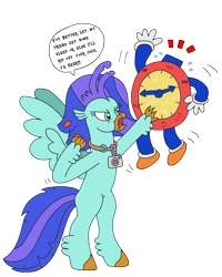 Size: 2448x3054 | Tagged: safe, artist:supahdonarudo, oc, oc only, oc:sea lilly, classical hippogriff, hippogriff, angry, animate object, atg 2022, camera, clock, dialogue, fist, high res, jewelry, necklace, newbie artist training grounds, pun, simple background, speech bubble, standing, text, threatening, transparent background, visual pun