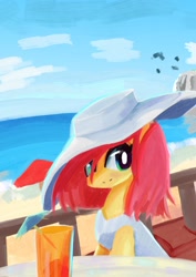 Size: 2480x3508 | Tagged: safe, artist:solid shrimp, fluttershy, pegasus, pony, g4, alternate hairstyle, beach, clothes, dress, drink, female, glass, hat, high res, mare, short hair, solo, summer, sun hat