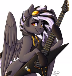 Size: 2000x2091 | Tagged: safe, artist:mxiiisy, part of a set, oc, oc only, oc:zephyr corax, oc:zephyrai, pegasus, pony, black and white mane, clothes, coat markings, colored belly, dark belly, electric guitar, furrowed brow, goggles, gray coat, guitar, halfbody, high res, music, musical instrument, playing instrument, reverse countershading, scarf, simple background, smiling, smirk, socks (coat markings), solo, spread wings, standing, teeth, white background, wings, yellow eyes