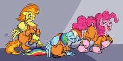 Size: 3439x1719 | Tagged: safe, artist:aversiespabilas, pinkie pie, rainbow dash, spitfire, earth pony, pegasus, pony, g4, clothes, commission, cuffs, never doubt rainbowdash69's involvement, prison outfit, prisoner, prisoner pp, prisoner rd, shackles, trio, varying degrees of want, wing cuffs