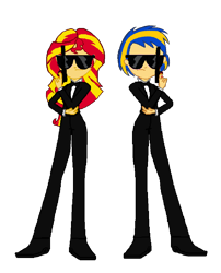 Size: 808x1000 | Tagged: safe, artist:mlpfan3991, sunset shimmer, oc, oc:flare spark, human, equestria girls, g4, clothes, duo, duo female, female, gun, men in black, simple background, sunglasses, transparent background, tuxedo, weapon