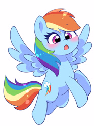 Size: 2273x3055 | Tagged: safe, artist:leo19969525, rainbow dash, pegasus, pony, g4, blushing, cute, dashabetes, female, flying, high res, mane, mare, multicolored hair, open mouth, pink eyes, rainbow hair, rainbow tail, simple background, solo, spread wings, tail, white background, wings