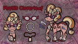 Size: 1920x1080 | Tagged: safe, artist:deidad dissitum, phyllis cloverleaf, earth pony, pony, g5, my little pony: a new generation, bracelet, coat markings, collar, cutie mark, ear piercing, earring, female, glasses, jewelry, mare, mother, pearl necklace, piercing, redesign, reference sheet, smiling, solo