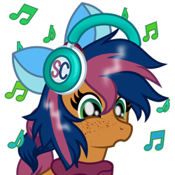 Size: 800x800 | Tagged: safe, alternate version, artist:favitwink, oc, oc only, oc:solar comet, pony, 60 fps, absurd file size, animated, animated png, bow, bust, disguised changedling, eyes closed, eyes open, femboy, feminine stallion, freckles, hair bow, happy, headbob, headphones, loop, male, music notes, perfect loop, portrait, simple background, smiling, solo, transparent background, your character here
