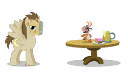 Size: 3265x1837 | Tagged: safe, artist:chainchomp2 edits, artist:daydreamsyndrom, artist:rstfactory, artist:vectorshy, edit, crescent pony, mane moon, pegasus, pony, g4, birthday, cake, cider mug, crescent moon, crossover, experiment 113, food, lilo and stitch, moon, mug, pie, pie in the face, pied, simple background, splat, stitch, table, transparent background, unamused