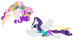Size: 4050x2200 | Tagged: safe, artist:rebepony, pipp petals, rarity, alicorn, pony, g4, g5, alicornified, clothes, duo, duo female, female, flying, g5 to g4, generation leap, happy, headband, high res, jetpack, jewelry, leotard, mare, open mouth, open smile, pippcorn, race swap, raricorn, regalia, simple background, smiling, spread wings, transparent background, wings