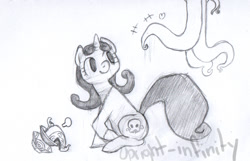 Size: 1280x824 | Tagged: dead source, safe, artist:eight, oc, oc:slime gleam, pony, unicorn, female, floating heart, grayscale, heart, jewelry, mare, monochrome, necklace, smiling, tentacles, traditional art