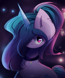 Size: 1900x2300 | Tagged: safe, artist:miryelis, izzy moonbow, pony, unicorn, g5, accessory, big ears, choker, ear piercing, goth, goth izzy, gothic, gradient mane, horn, impossibly large ears, long hair, looking at you, piercing, ponytail, signature, simple background, solo