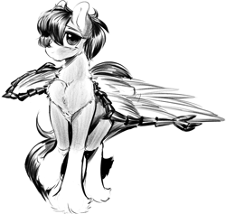 Size: 2242x2129 | Tagged: safe, artist:opossum_imoto, oc, oc only, oc:soaring spirit, pegasus, pony, armor, chest fluff, high res, male, pegasus oc, raised leg, simple background, sketch, solo, stallion, unshorn fetlocks, white background, wing armor, wing brace, wings