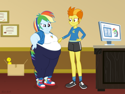 Size: 1920x1440 | Tagged: safe, artist:neongothic, rainbow dash, spitfire, human, equestria girls, bbw, belly, big belly, big breasts, box, breasts, chubby, chubby cheeks, clothes, computer, desk, double chin, equestria girls-ified, fat, fat boobs, fat fetish, female, fetish, jacket, obese, office, pants, rainblob dash, shoes, shorts, sneakers, stomach noise, story included, thighs, thunder thighs, trophy, weight gain