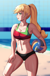 Size: 800x1207 | Tagged: safe, artist:tzc, applejack, human, g4, abs, bare shoulders, beach, belly button, bikini, breasts, busty applejack, cleavage, clothes, humanized, midriff, ocean, ponytail, reasonably sized breasts, sleeveless, solo, sports, swimsuit, volleyball, water