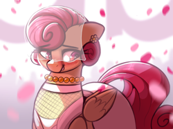 Size: 3334x2500 | Tagged: safe, artist:welost, posey shy, pegasus, pony, g4, clothes, dress, ear piercing, earring, female, high res, jewelry, looking down, mare, petals, piercing, smiling, solo, wedding dress, wedding veil