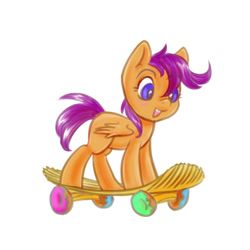 Size: 640x640 | Tagged: safe, artist:kovoranu, scootaloo, pegasus, pony, g4, chips, donut, female, filly, foal, food, simple background, skateboard, smol, solo, white background