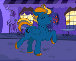 Size: 578x465 | Tagged: safe, artist:epicvon, oc, oc only, pegasus, pony, earbuds, music notes, night, singing, solo, street, window