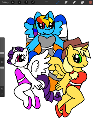 Size: 1620x2160 | Tagged: safe, artist:speeder152, applejack, rainbow dash, rarity, alicorn, anthro, g4, alicornified, applecorn, clothes, flying, jetpack, leotard, race swap, rainbowcorn, raricorn, simple background, smiling, trio, white background