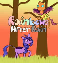 Size: 1342x1452 | Tagged: safe, artist:nitro indigo, izzy moonbow, sunny starscout, changedling, changeling, kirin, fanfic:rainbows after rain, g5, changedlingified, changelingified, fanfic, fanfic art, fanfic cover, kirin izzy moonbow, kirin-ified, simple background, species swap, sunnyling, sunset, tree