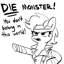 Size: 2250x2250 | Tagged: safe, artist:tjpones, rainbow dash, pegasus, pony, g4, black and white, castlevania, castlevania: symphony of the night, dialogue, die monster, female, grayscale, high res, mare, monochrome, pointing, richter belmont, simple background, sketch, solo, white background