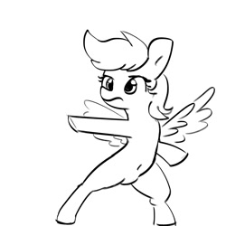 Size: 2250x2250 | Tagged: safe, artist:tjpones, rainbow dash, pegasus, pony, g4, belly button, bipedal, black and white, female, frown, grayscale, high res, mare, monochrome, pointing, pose, pubic mound, simple background, solo, spread wings, white background, wings