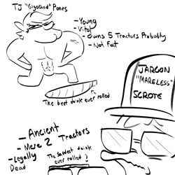 Size: 2250x2250 | Tagged: safe, artist:tjpones, oc, oc:jargon scott, oc:tjpones, earth pony, pony, anthro, black and white, drugs, duo, gigachad, grayscale, hat, high res, joint, lantern jaw, male, marijuana, monochrome, muscles, muscular male, scrote, simple background, stallion, sunglasses, text, vein, white background