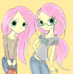 Size: 740x747 | Tagged: safe, artist:ponysprinkles, fluttershy, human, equestria girls, g4, clothes, female, glasses, hand on hip, looking at you, simple background, yellow background