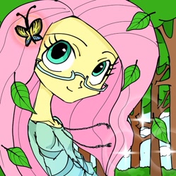 Size: 769x773 | Tagged: safe, artist:ponysprinkles, fluttershy, butterfly, human, equestria girls, g4, clothes, female, glasses, leaf, leaves, outdoors, smiling, solo, tree
