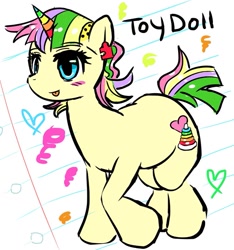 Size: 767x818 | Tagged: safe, artist:ponysprinkles, oc, oc only, oc:toy doll, pony, unicorn, female, heart, horn, lined paper, mare, solo, tongue out