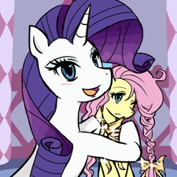 Size: 732x732 | Tagged: safe, artist:ponysprinkles, fluttershy, rarity, pony, unicorn, g4, carousel boutique, duo, duo female, female, horn, mare, one eye closed, open mouth, open smile, smiling