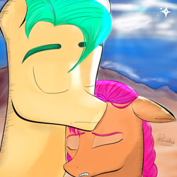 Size: 4000x4000 | Tagged: safe, artist:porcellus, hitch trailblazer, sunny starscout, earth pony, pony, g5, description is relevant, duo, female, implied argyle starshine, implied death, male, sad, ship:starblazer, shipping, simple background, straight