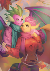 Size: 990x1402 | Tagged: safe, artist:bakki, smolder, spike, dragon, anthro, g4, clothes, commission, duo, female, male, older, older spike, pants, scarf, ship:spolder, shipping, smiling, straight