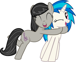 Size: 2711x2213 | Tagged: safe, artist:rainbowplasma, dj pon-3, octavia melody, vinyl scratch, earth pony, pony, unicorn, g4, .ai available, ^^, bipedal, duo, eyes closed, female, high res, hug, mare, one eye closed, open mouth, simple background, transparent background, vector, wink