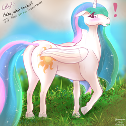 Size: 3000x3000 | Tagged: safe, artist:enonnnymous, princess celestia, alicorn, pony, series:anon loves celestia, g4, /sun/, blushing, butt, caught, concave belly, dialogue, dock, eating, embarrassed, exclamation point, eye clipping through hair, eyebrows, eyebrows visible through hair, female, grass, grazing, herbivore, high res, hoers, horses doing horse things, looking back, mare, offscreen character, plot, princess celestia is a horse, solo, sunbutt, tail