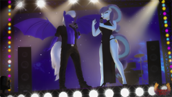 Size: 3840x2160 | Tagged: safe, artist:loveslove, coloratura, oc, bat pony, earth pony, anthro, plantigrade anthro, g4, 3d, bat ears, bat pony oc, bat wings, belly button, breasts, busty coloratura, clothes, concert, dress, eyes closed, female, high heels, high res, male, male nipples, microphone, nipples, panties, pants, shirt, shoes, singing, spread wings, stage, tail, underwear, wings