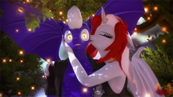 Size: 3840x2160 | Tagged: safe, artist:loveslove, oc, oc only, oc:lovers, bat pony, bat pony unicorn, hybrid, unicorn, anthro, 3d, bat ears, bat eyes, bat pony oc, bat wings, cheek kiss, clothes, dress, eyes closed, female, high res, horn, kissing, looking at you, male, nail polish, shirt, shocked, spread wings, wings
