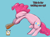 Size: 2732x2048 | Tagged: safe, artist:phutashi, pinkie pie, earth pony, pony, g4, alarm clock, atg 2022, baseball bat, bipedal, blue background, clock, dialogue, ears back, eyes closed, female, high res, hoof hold, mare, newbie artist training grounds, simple background, solo