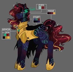 Size: 913x897 | Tagged: safe, artist:ocmakerarichan, oc, oc only, pony, unicorn, armor, coat markings, color palette, gray background, male, offspring, parent:king sombra, parent:nightmare moon, parents:sombramoon, simple background, solo, sombra eyes, stallion