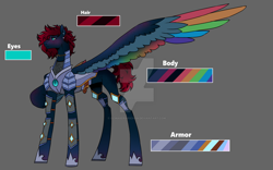 Size: 1280x800 | Tagged: safe, artist:ocmakerarichan, oc, oc only, pegasus, pony, armor, blushing, color palette, colored wings, deviantart watermark, ear piercing, earring, female, gray background, jewelry, large wings, magical lesbian spawn, mare, multicolored wings, obtrusive watermark, offspring, one wing out, parent:princess luna, parent:rainbow dash, parents:lunadash, piercing, rainbow wings, simple background, solo, watermark, wings